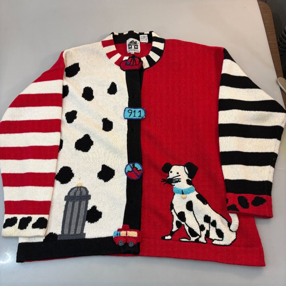 Storybook Knits 1X Dalmatian Fire Truck Hydrant 911 Cardigan Sweater Red Black